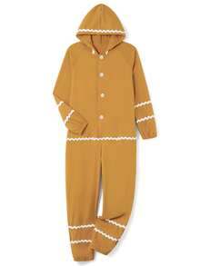 Adult Women Gingerbread Man Costume Long Sleeve Hooded Patchwork Christmas Jumpsuit Cosplay Costume