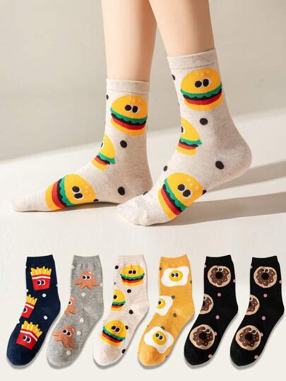 6 Pairs Mixed Color Cartoon Hamburger & Fries Pattern Children Socks, Fashionable & Versatile Mid-Calf Socks For Boys & Girls, Suitable For Casual Daily Wear
