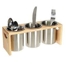 ZOO Paquete De 3 Soportes Para Cubiertos Organizador De Utensilios De Acero Inoxidable Con Base De Madera Organizador De Cubiertos Para Cucharas Cuchillos Y Tenedores Ideal Para Mesa De Cocina - Plata - View 1