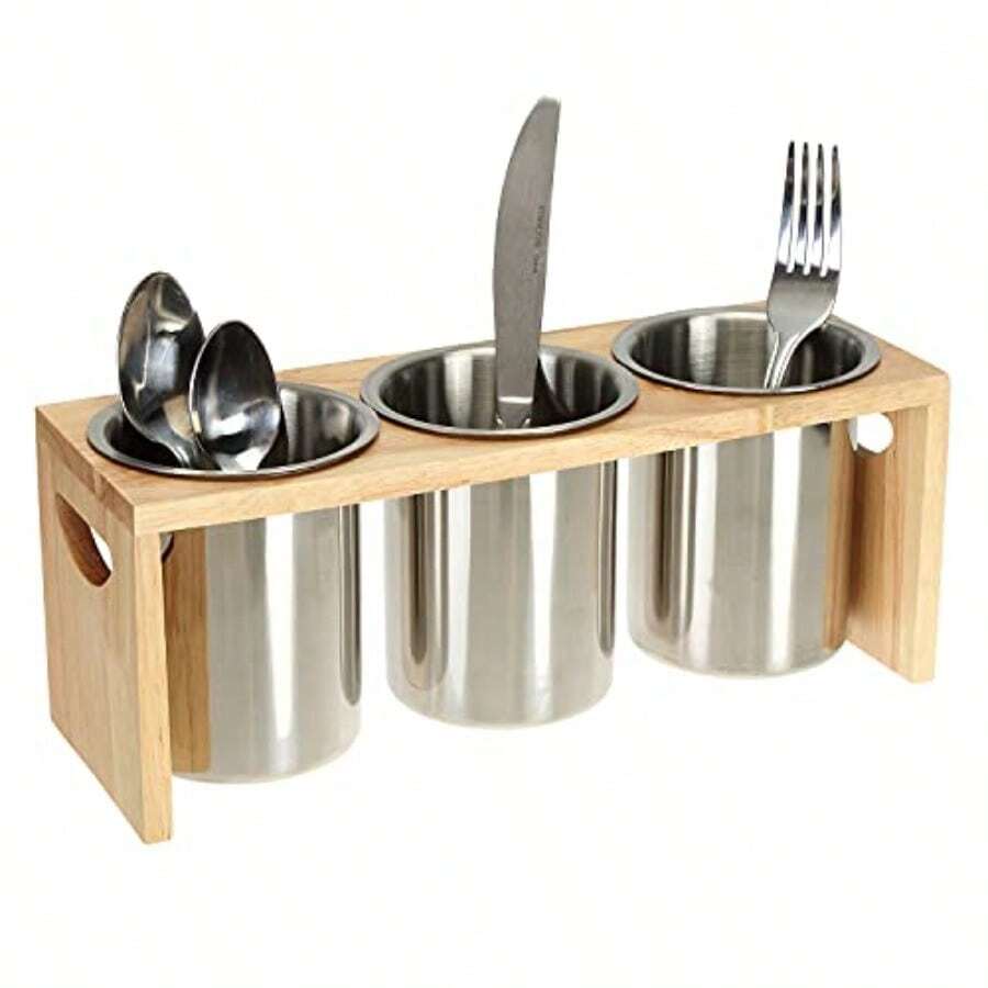 ZOO Paquete De 3 Soportes Para Cubiertos Organizador De Utensilios De Acero Inoxidable Con Base De Madera Organizador De Cubiertos Para Cucharas Cuchillos Y Tenedores Ideal Para Mesa De Cocina - Plata - View 1