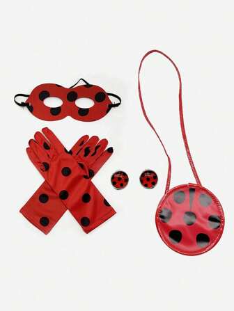 1 Set Ladybug Party Supplies Including 1 Mask, 1 Pair Polka Dot Gloves, 1 Ladybug Bag, 1 Pair Ladybug Ear Clips & Cloak, Suitable For Stage Show, Party, Costume Play, Photo Props, Outdoor Party