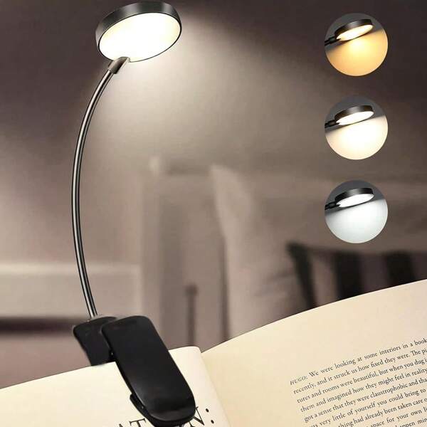 Lámpara de lectura con clip de 4 LED, color negro, recargable, con protección para la vista, 3 temperaturas de color, regulable, minilámpara de lectura portátil con clip (pilas/recargable)