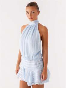 Women's Pleated Waist Sheer Mesh Ruffle Mini Dress Summer Casual Halter Neck High Neck Bodycon Short Dress Self-Tie Backless Sundress Party Clubwear - 藍色 - 查看 3