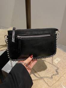 Túi cầm tay hình phong bì, Túi xách thời trang, Túi xách nữ bằng bạc sáng chế, Túi đeo vai/túi đeo chéo có dây xích, Ví vuông nhỏ có khóa kéo - màu đen - Xem 7