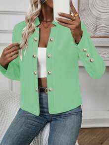 Women's Solid Color Button-Up Long Sleeve Lightweight Jacket, Spring/Autumn - Light Green - View 5