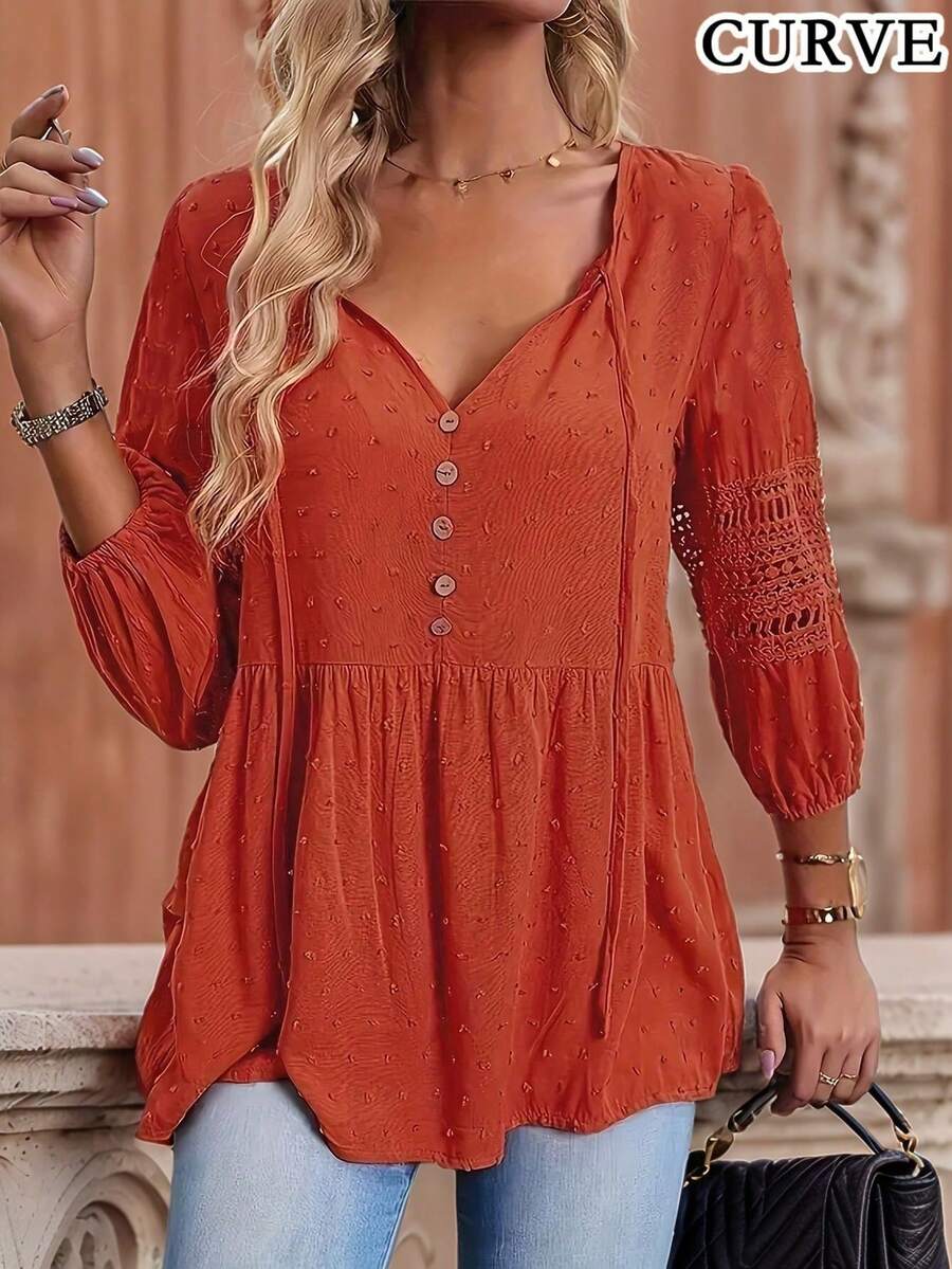 Plus Women's V-Neck Solid Color Button Lace Long Sleeved Shirt Top Fall Clothes - Orange - View 1