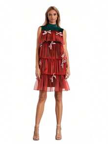 Vestido navideño de mujer, vestido corto de fiesta sin mangas con capas y diseño patchwork, corte en A. - labor de retazos - Ver 9