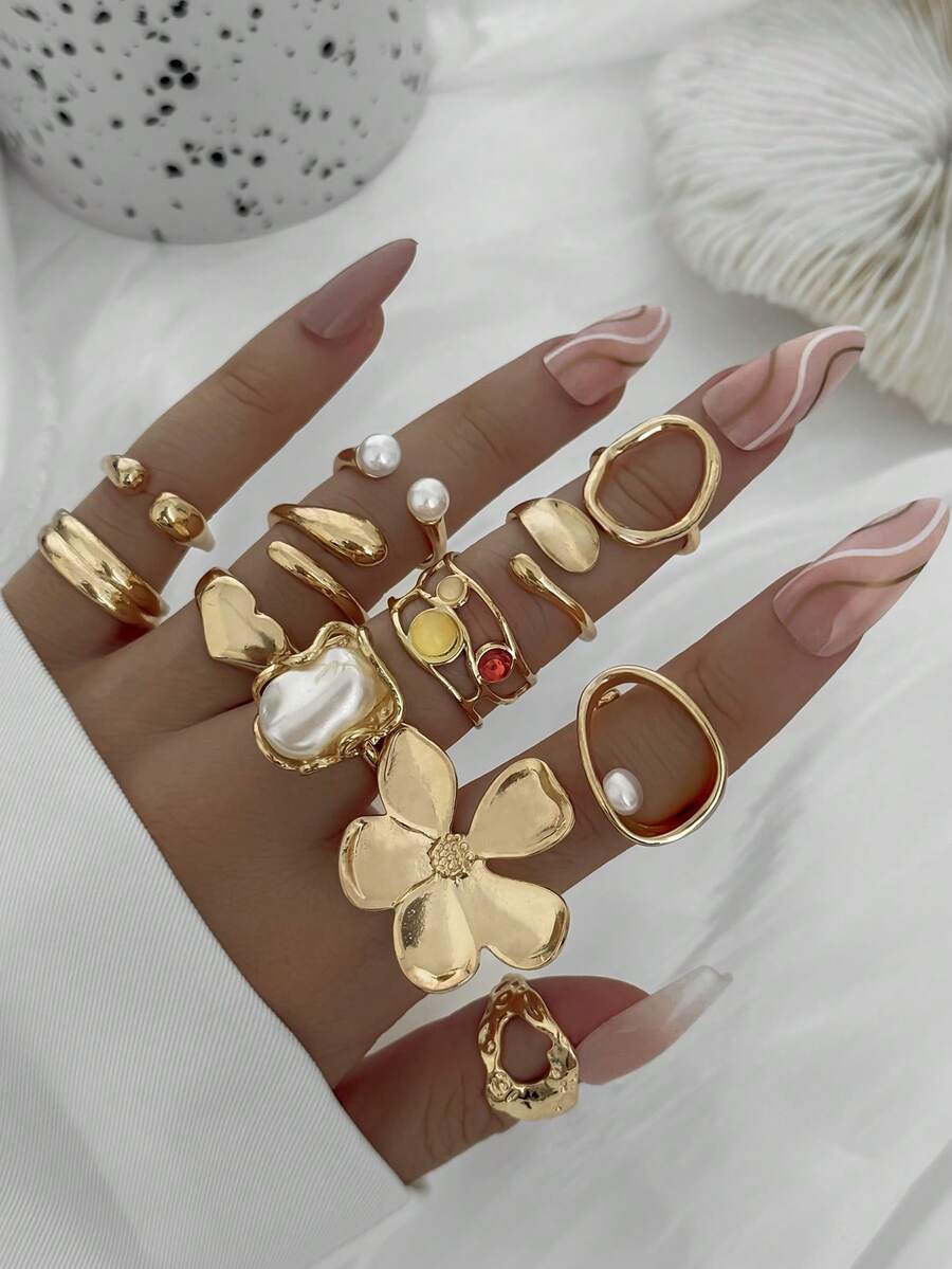 12pcs Exaggerated Flower, Baroque, Colored Rhinestone & Faux Pearl Rings Set, Suitable For Stacking & Multi Element Designs, 'Ins' Style For Women - Gold - View 1