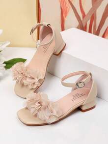 Summer Square Toe Square Heel Floral Decor Sandals Girls High Heel Dance Shoes Student Performance Daily Activity Sandals - Apricot - View 4