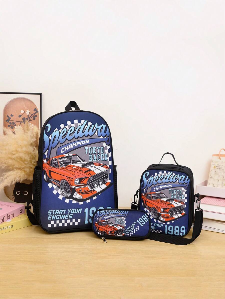 طقم جديد للعودة إلى المدرسة مكون من 3 قطع: حقيبة ظهر، حقيبة كروس بودي، وحافظة أقلام بطباعة كرتونية على النايلون. سريعة الجفاف، قابلة للطي، وذات وظائف متعددة. تصميم جميل وعصري، مثالي للمدرسة، السفر، الأنشطة الخارجية، والهدايا الاحتفالية - سيارة زرقاء - مشاهدة 1