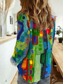 Camicia di moda da donna oversize con stampa geometrica di stile artistico