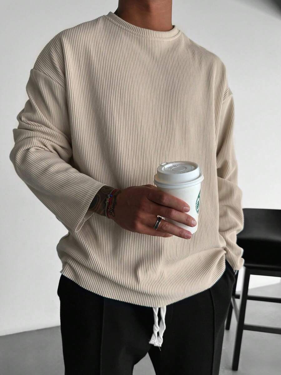 男士 Old Money 休闲运动条纹长袖T恤，秋季款 - 杏色 - 查看 1