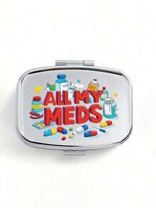 Caja de píldoras portátil con compartimentos duales y diseño de serie de letras con patrón lindo, caja de almacenamiento de metal en miniatura adorable, caja de píldoras portátil para volver a la escuela, regalo personalizado con logotipo de dibujos animados - Plateado - Ver 14