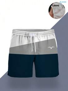 Men's Summer Printed Pattern Drawstring Waist Slant Pocket Hawaiian Quick-Dry Double-Layer Mesh Lined Shorts, Seagull Contrast Color 3D Artistic Print, Fashionable Casual Beach Resort Swim Trunks