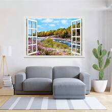 Window Wall Mural Sticker -Grassland, Snowy Mountains, Blue And White CloudsFaux Window Wall Mural Wall Decal, Stick And Peel Wall Decor,50x35