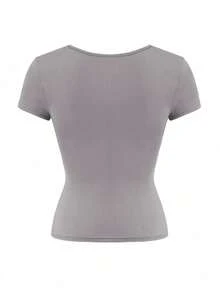 Vaiaye Women's Casual Solid Color Knit Square Neck Sexy Slim Fit Y2K Short Sleeve T-Shirt, Spring/Summer Activewear Top - Brown - View 4