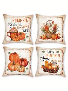 4pcs/1pc Autumn Thanksgiving Themed Pillow Set - Pumpkin And Flower Basket Pattern | 18x18 Inches | Zipper Closure | Soft And Comfortable Fabric - Durable, Fade Resistant, Machine Washable, Suitable For Thanksgiving Outdoor Decoration, Home Decoration, Terrace Decoration, Bedroom Decoration. Excluding Core Pillow Case Pillow Cases Cushion Cover Cushion Covers