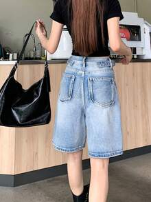 女式腰带设计破洞喇叭裤九分牛仔裤 - 藍色 - 查看 5