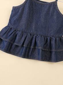 Conjunto de verano para niña - Top corto de volantes sin mangas con shorts vaqueros casuales desgastados, elegante y versátil, apto para viajes de verano, playa o uso diario