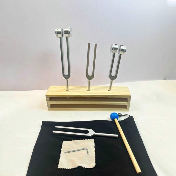 Set de 3 diapasones - 128Hz, 256Hz, 512Hz, 528Hz con mazos de madera y caja de madera, set de bienestar para mujeres, yoga y meditación