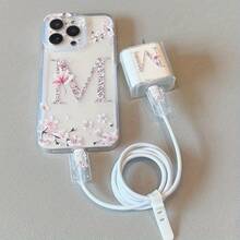 5 件套极简粉色樱花和字母 M 图案套装，包括 1 个手机壳、1 个充电器壳、2 个数据线套、1 个数据线绑带，适用于 16/16 Pro/16 Pro Max/16 Plus、11/11 Pro/11 Pro Max、12/12 Pro/12 Pro Max、13/13 Pro/13 Pro Max、14/14 Pro/14 Plus/14 Pro Max、15/15 Pro/15 Plus/15 Pro Max Nan 数据线保护器充电器配件手机配件