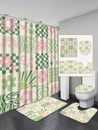 1/4 件复古绿色棋盘格和粉色花卉棋盘格图案艺术印刷品，配有 12 个塑料挂钩，防水家居/浴室装饰