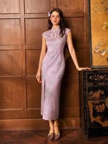 Oriental Charm Qipao New Chinese Cheongsam Dress Spring Summer ,Sleeveless Mandarin Collar With Neckline Cutout, Pearl Button Embellishment, Jacquard Fabric Side Slit Skirt For Spring/Summer Elegant Occasions