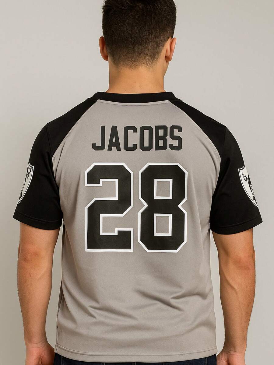 Jersey Hombre Estampado Frente Espalda Deportivo Raider Futbol Americano Camiseta Poliester Cuello V Manga Corta Secado Rapido - Gris - Ver 1
