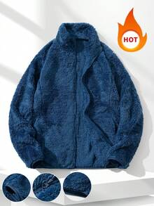 Men's Navy Blue Fleece Jacket, Stand Collar Design With Cuffed Sleeves, Soft & Skin-Friendly, Essential Outerwear For Autumn/Winter - Royal Blue - View 1