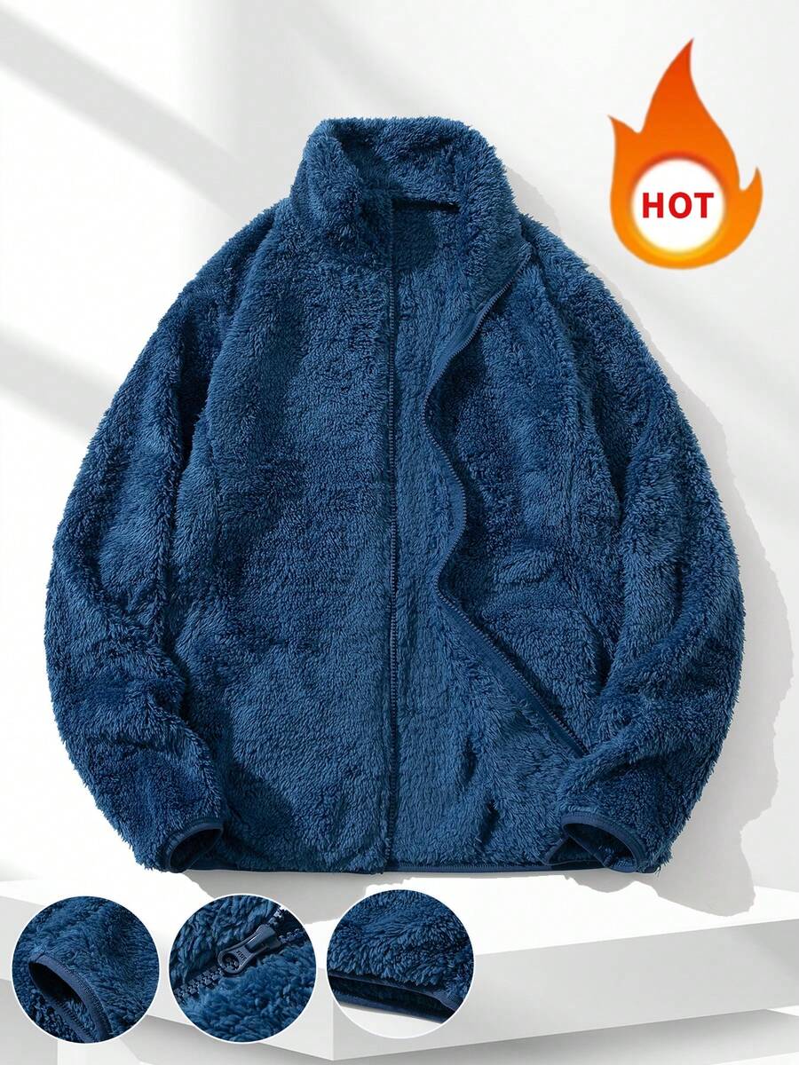 Men's Navy Blue Fleece Jacket, Stand Collar Design With Cuffed Sleeves, Soft & Skin-Friendly, Essential Outerwear For Autumn/Winter - Royal Blue - View 1