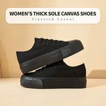 White Platform Sneakers For Women, Low Top Canvas Shoes - Full Black - View 7