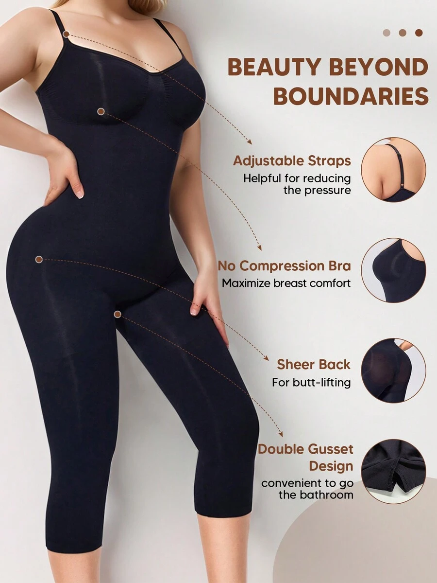 Women Low Back One Piece Jumpsuits Tummy Control Workout Full Length Casual Shaperwear Bodysuit - 黑色 - 查看 1