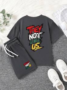 男童字母印花短袖T恤和短裤 - 深灰色 - 查看 1