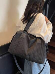 1 件纯色褶皱尼龙单肩托特包，大容量时尚女士手提包，适合度假、旅行、户外运动 - 黑色 - 查看 5