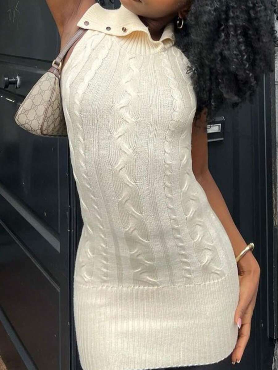 90 年代美式复古纽扣领高领无袖舒适修身针织毛衣连衣裙，适合音乐节穿着 - 杏色 - 查看 1