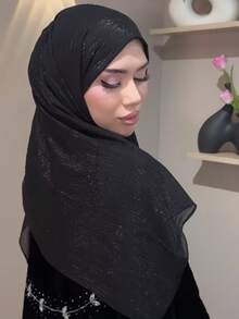 1 pièce Foulard chiffon doux, motif géométrique avec strass, pour femme. Couleur unie modeste, style arabe décontracté, écharpe longue, convient pour une utilisation quotidienne - Noir - Voir 2