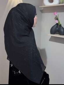 1 pièce Foulard chiffon doux, motif géométrique avec strass, pour femme. Couleur unie modeste, style arabe décontracté, écharpe longue, convient pour une utilisation quotidienne - Noir - Voir 4