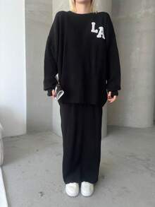 Conjunto de saia com detalhes em botões, cor sólida, casual, com fendas e botões canelados, conjunto coordenado para uso em casa - Preto - Ver 2