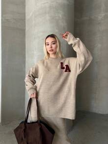 Button Detailed Skirt Set, Solid Color Casual Split Ribbed Button Co-Ord Set For Home Wear - Coffee Brown - View 3