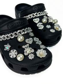 24pcs/Set Shiny Hole Shoe Charms - Teddy Bear, Pearl, Dollar Sign & Crystal Decorations, Fashionable Shoe Charm Accessories - Silver - View 5