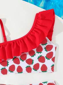 Strawberry Sweetheart One Shoulder Ruffle Young Girl Beach Swimsuit - Multicolor - View 5