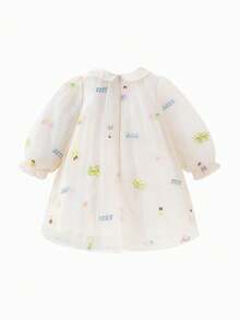 mini bala 女童刺绣网纱派对连衣裙,甜美彼得潘领 - 白綠色調 - 查看 9