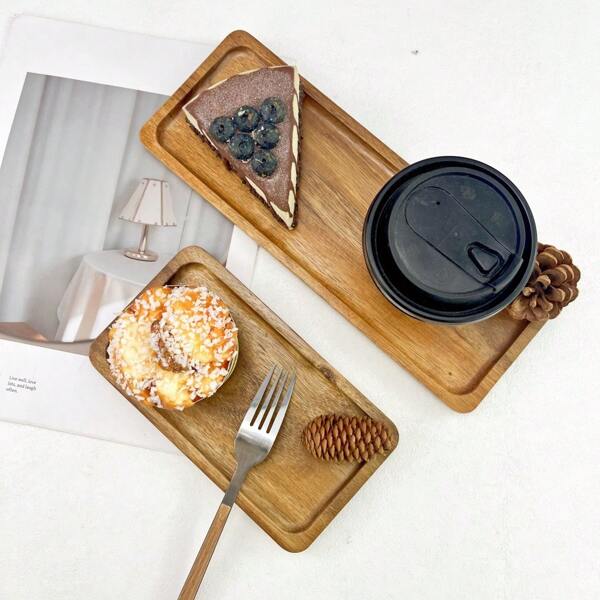 1pc Mimosa Wood Rectangle Serving Tray, Food Safe Cheese Board Platter For Bathroom Decor, Party Use, Natural Wood Grain Design