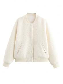 女式白色休闲宽松夹克，带前纽扣和口袋，长袖街头风格秋冬外套