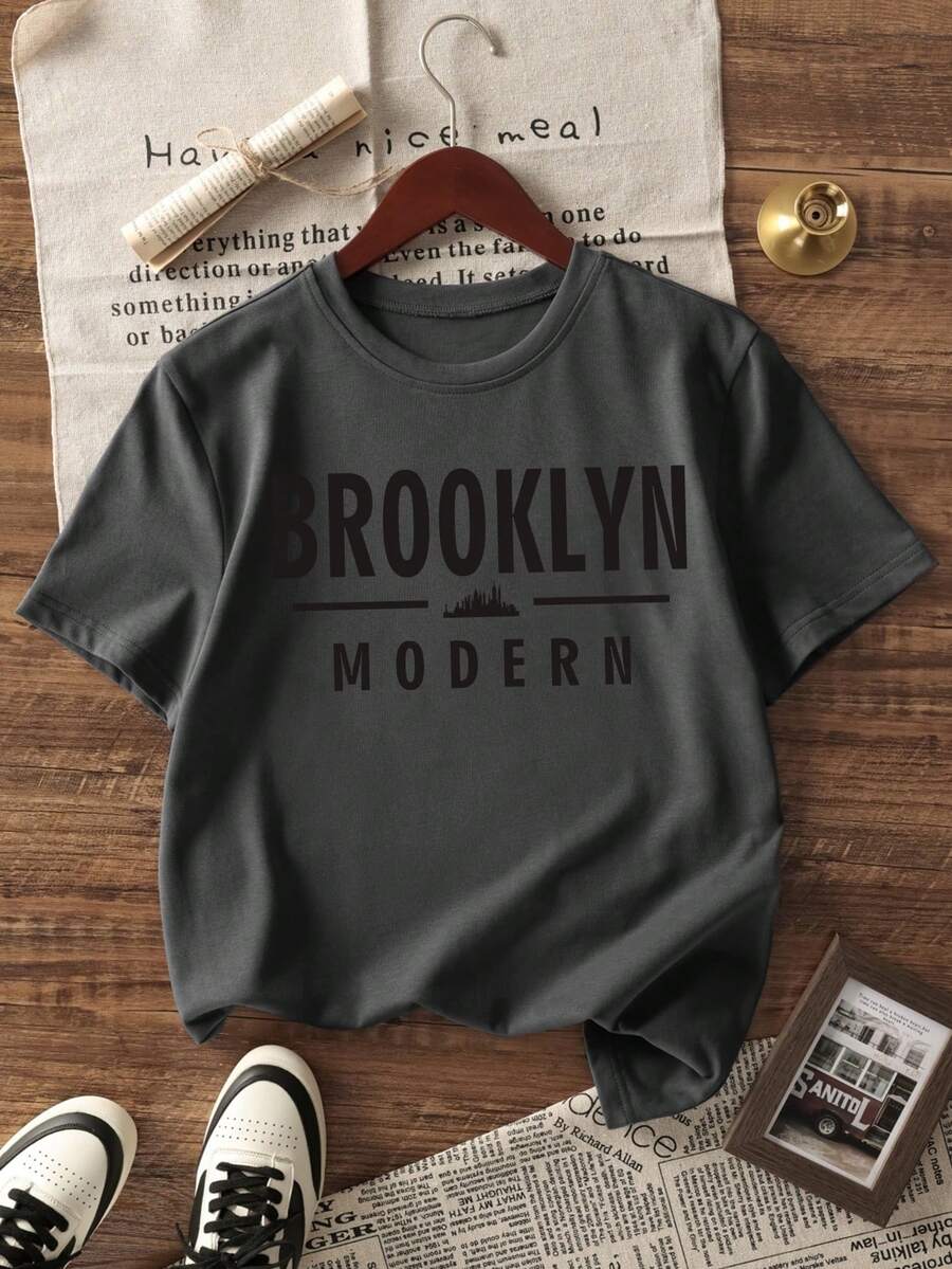 男士休闲字母印花圆领短袖T恤 - 深灰色 - 查看 1