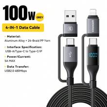 ESSAGER 4 In 1 Fast Charging Cable USB Type C To Type C 480Mbps For Phone Digital Display Aluminum Alloy Braided Cable Compatible With IPhone, Android, Camera, MP3 Universal Adapter Charger