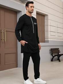 Muslimische Kleidung schwarzes Vollhemd und Hosen 2-teiliger afrikanischer Herrenanzug Kafatan, elegantes Oberteil ohne lange Ärmel und Hosen, vollständiger Luxusanzug für Herren Hochzeit