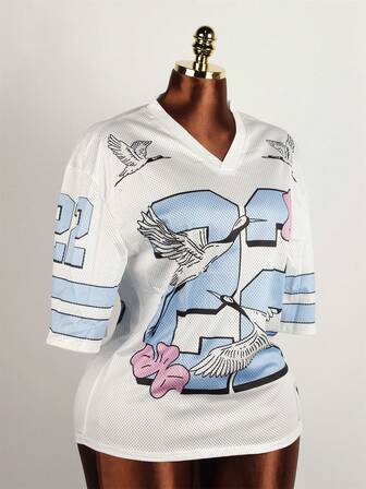 FQLWL 夏季 T 恤街头宽松花卉上衣 V 领短袖数字印花狂欢 T 恤