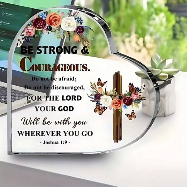 Christian Gift Joshua God Scripture Acrylic Plaque, Strong Brave Encouraging Gift For Boys And Girls, Cross Flower Butterfly Desk Heart-Shaped Plaque, Religious Gift For Women And Men