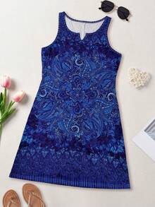 时尚印花连衣裙，适合休闲、度假、居家、工作、婚礼、派对、海滩、睡衣等场合。轻盈、优雅、百搭，修身剪裁，专为女性设计。 - 湖藍色 - 查看 3